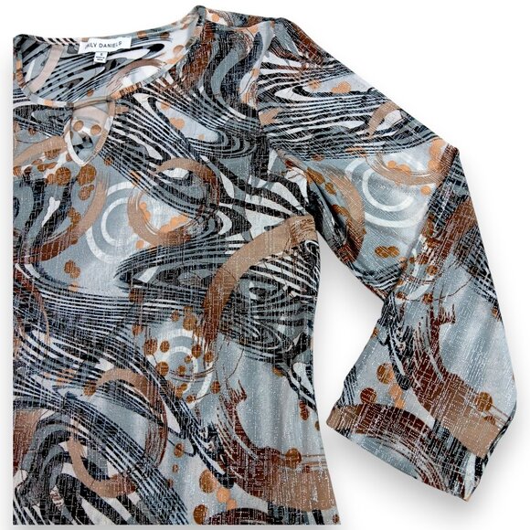 EMILY DANIELS-Women's Top-Brushed Abstract-3/4 Sleeve-SMALL-Black-Gray-Tan-White - Picture 5 of 15